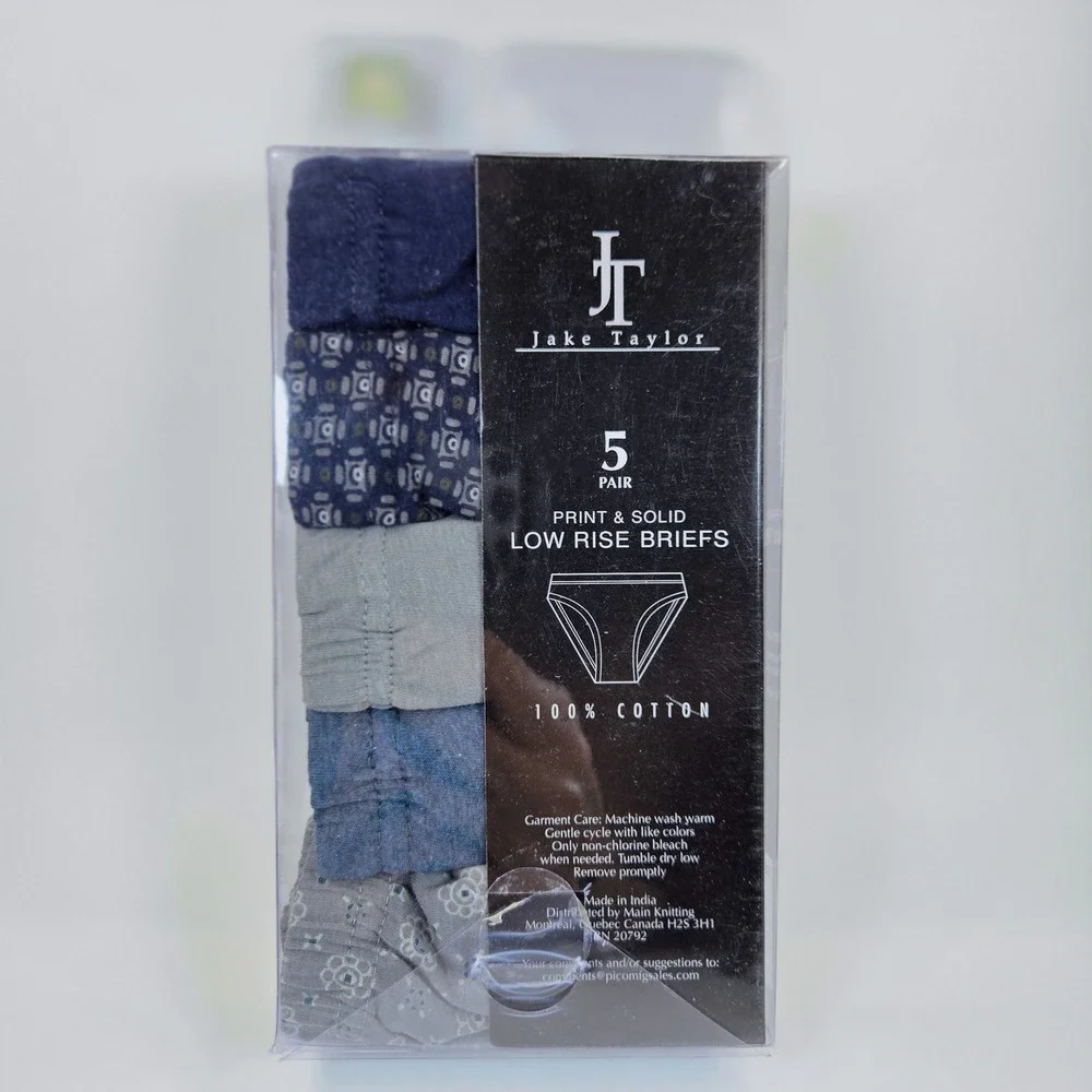 Vtg Jake Taylor Mens 5 Pack Low Rise Briefs 100% Cotton Blue Grey Prints M 32-34